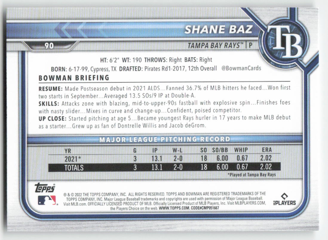 2022 Bowman #90 Shane Baz Tampa Bay Rays Rookie 1383