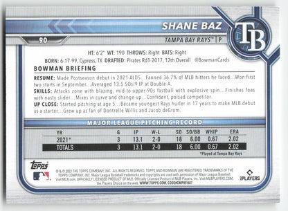 2022 Bowman #90 Shane Baz Tampa Bay Rays Rookie 1383