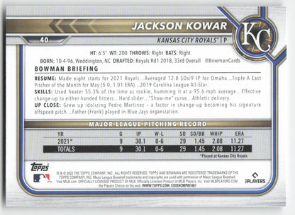 2022 Bowman #40 Jackson Kowar Kansas City Royals Rookie 1384