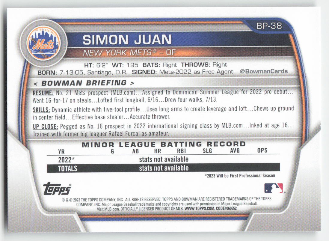 2023 Bowman #BP-38 Simon Juan Prospects New York Mets 1386