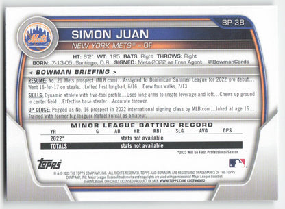 2023 Bowman #BP-38 Simon Juan Prospects New York Mets 1386
