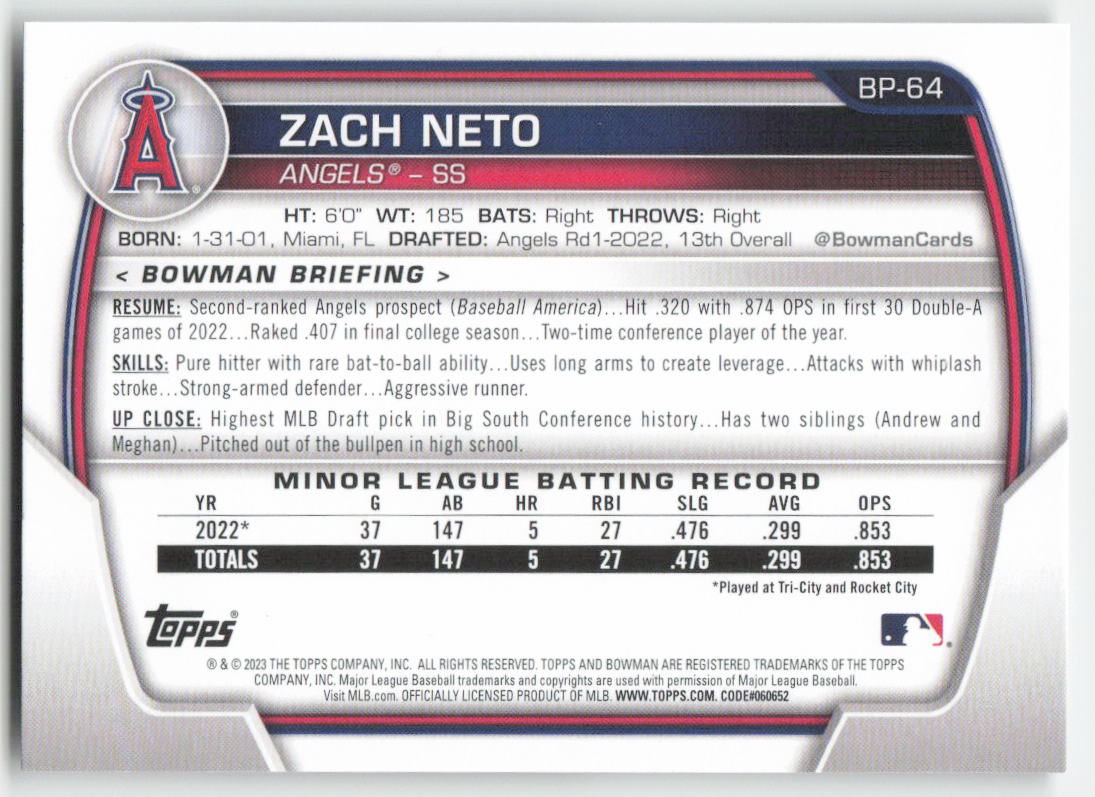 2023 Bowman #BP-64 Zach Neto Prospects Los Angeles Angels 1387