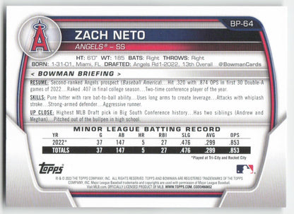2023 Bowman #BP-64 Zach Neto Prospects Los Angeles Angels 1387