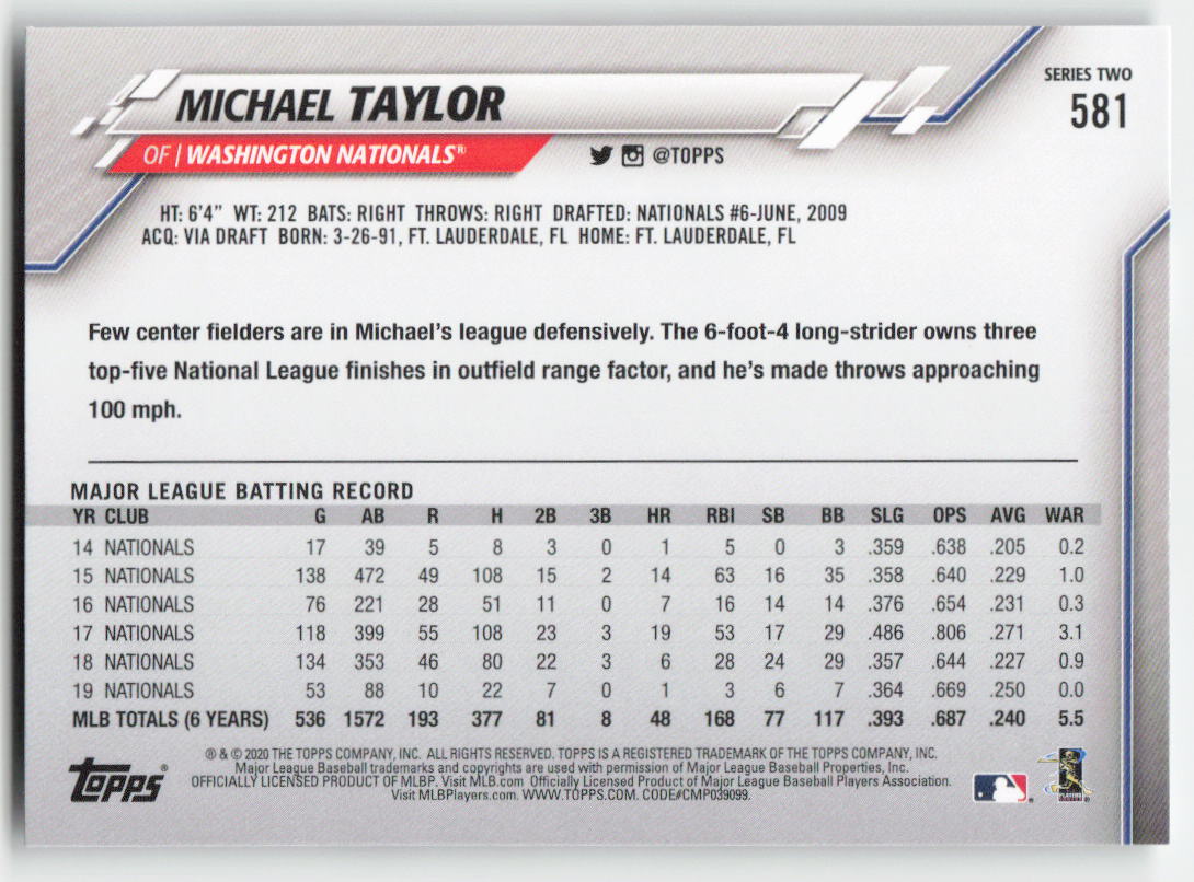 2020 Topps #581 Michael Taylor Washington Nationals 1388