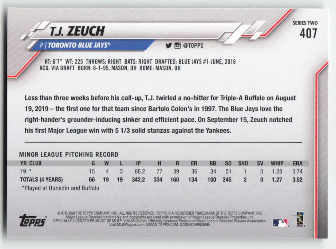 2020 Topps #407 T.J. Zeuch Toronto Blue Jays Rookie 1390