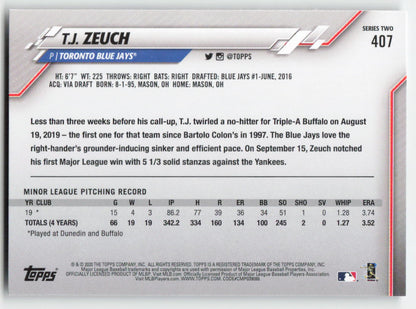 2020 Topps #407 T.J. Zeuch Toronto Blue Jays Rookie 1390