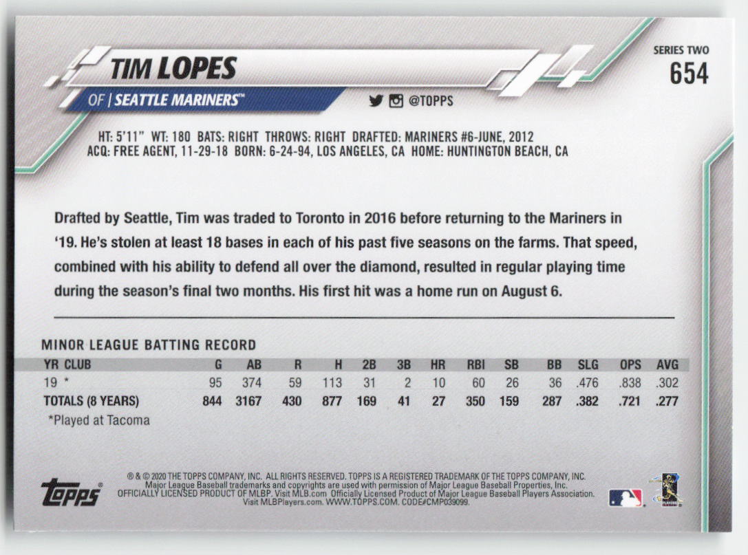 2020 Topps #654 Tim Lopes Seattle Mariners Rookie 1391