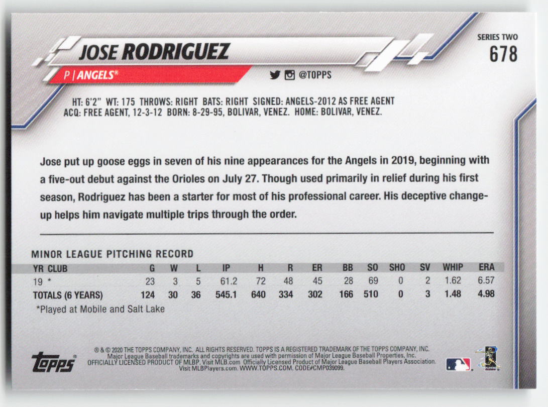 2020 Topps #678 Jose Rodriguez Los Angeles Angels Rookie 1392