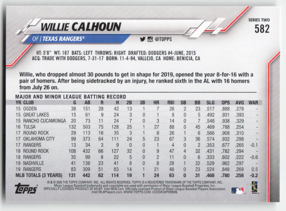 2020 Topps #582 Willie Calhoun Texas Rangers 1394