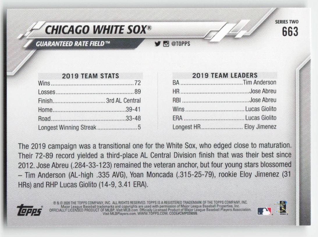 2020 Topps #663 Chicago White Sox Team Card 1397