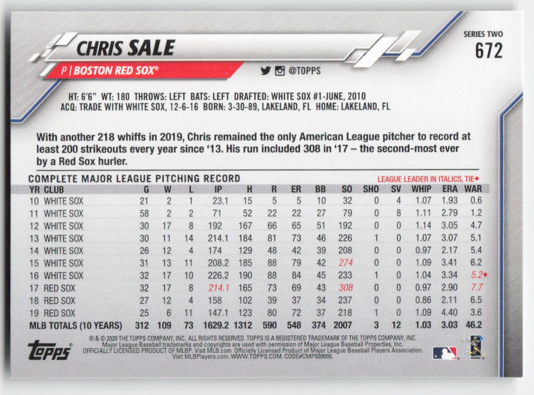 2020 Topps #672 Chris Sale Boston Red Sox 1399