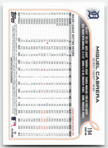 2022 Topps #194 Miguel Cabrera Detroit Tigers 1407