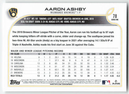 2022 Topps #78b Aaron Ashby Milwaukee Brewers Rookie 1408