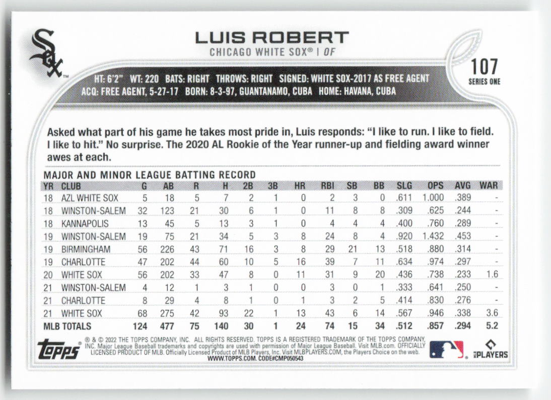 2022 Topps #107 Luis Robert Chicago White Sox 1410