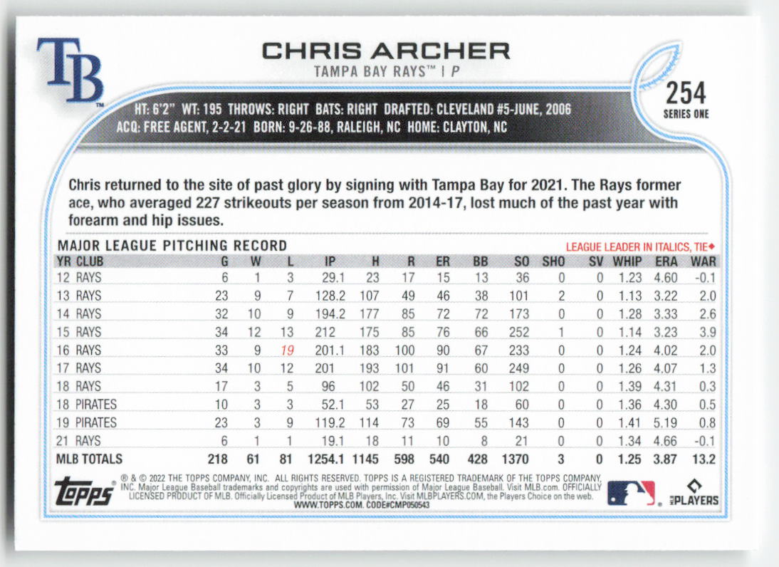 2022 Topps #254 Chris Archer Tampa Bay Rays 1412