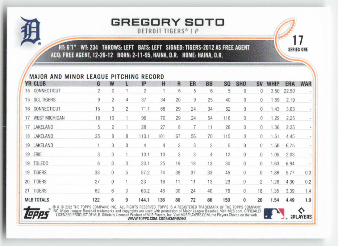 2022 Topps #17 Gregory Soto Detroit Tigers 1413