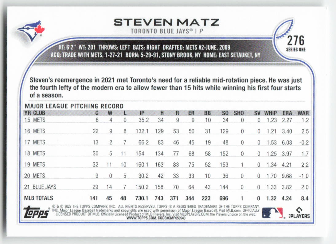 2022 Topps #276 Steven Matz Toronto Blue Jays 1416