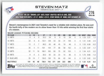 2022 Topps #276 Steven Matz Toronto Blue Jays 1416