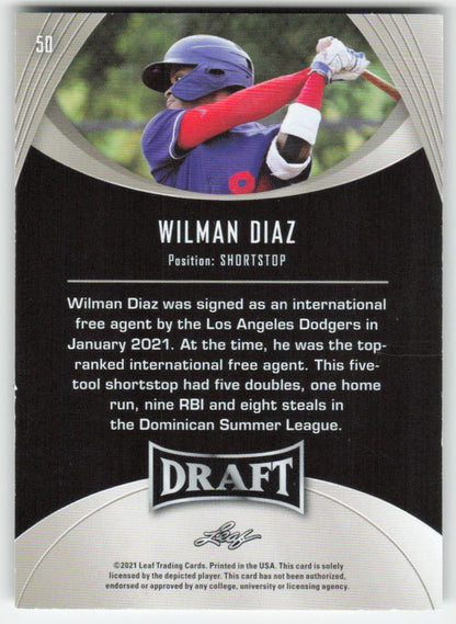2021 Leaf Draft #50 Wilman Diaz Los Angeles Dodgers 1425