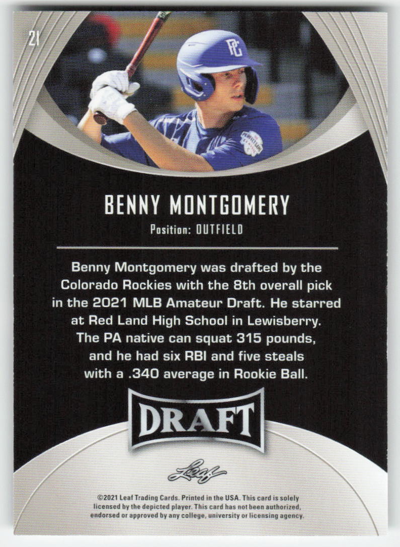 2021 Leaf Draft #21 Benny Montgomery Colorado Rockies 1433