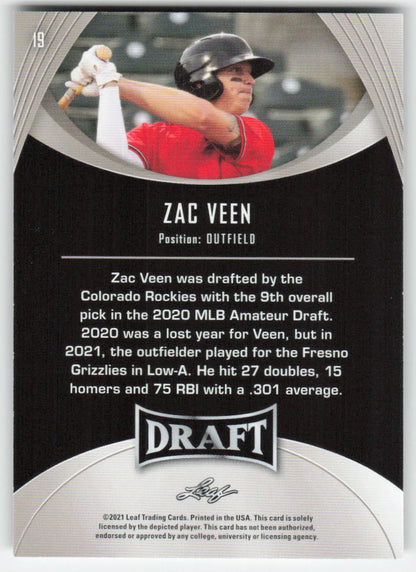 2021 Leaf Draft #19 Zac Veen Colorado Rockies 1435