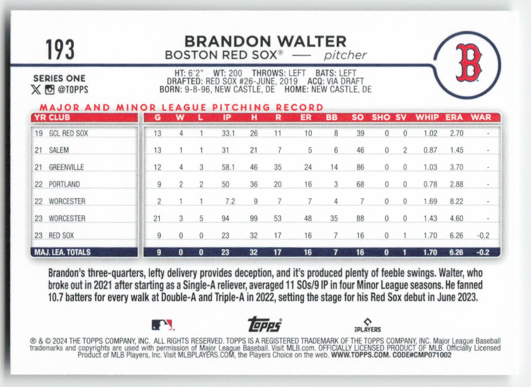 2024 Topps #193 Brandon Walter Boston Red Sox Rookie 1456