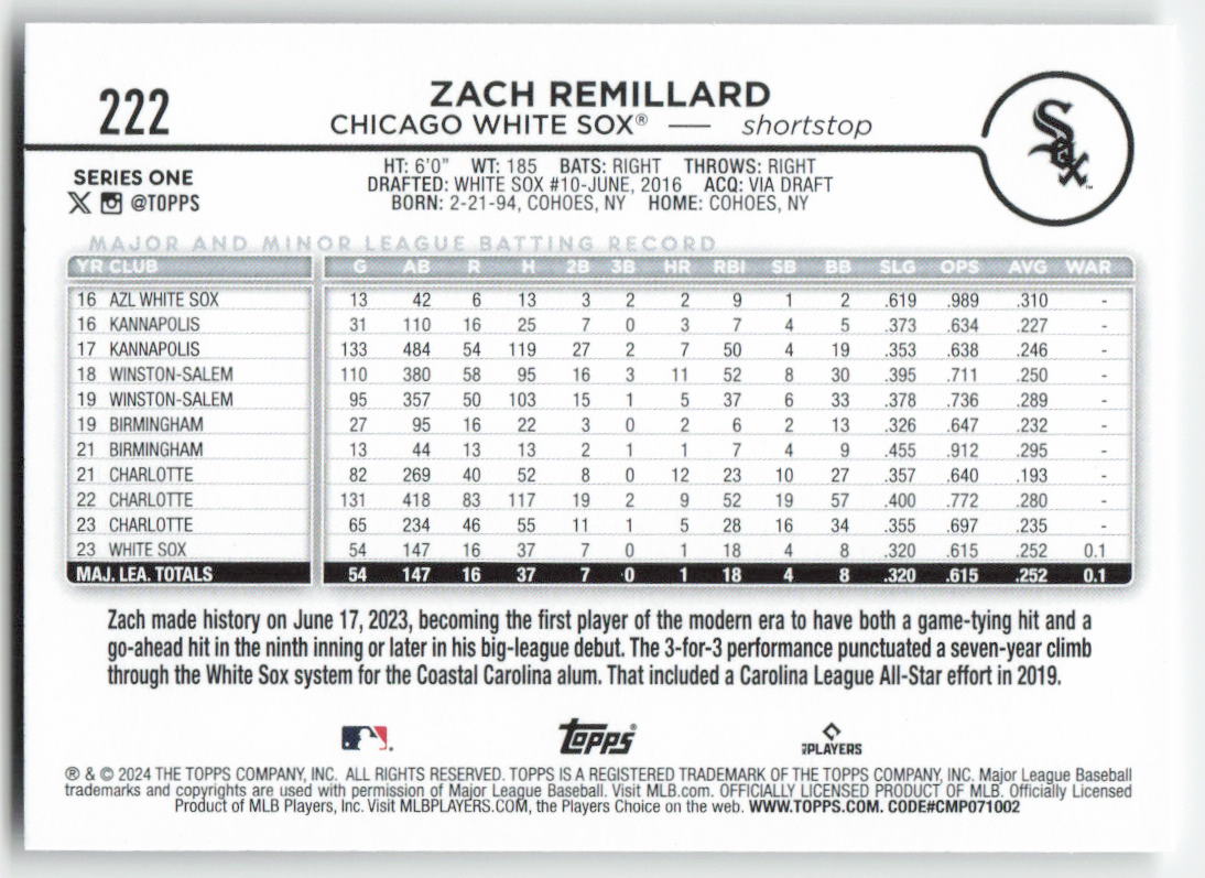 2024 Topps #222 Zach Remillard Chicago White Sox Rookie 1457