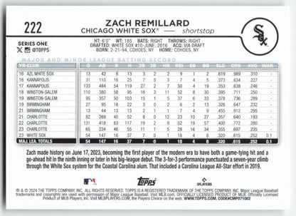 2024 Topps #222 Zach Remillard Chicago White Sox Rookie 1457