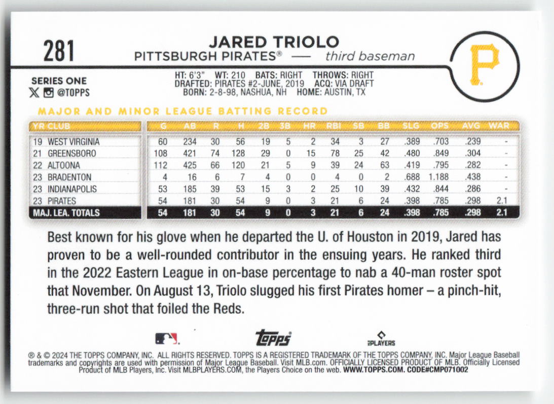 2024 Topps #281 Jared Triolo Pittsburgh Pirates Rookie 1467
