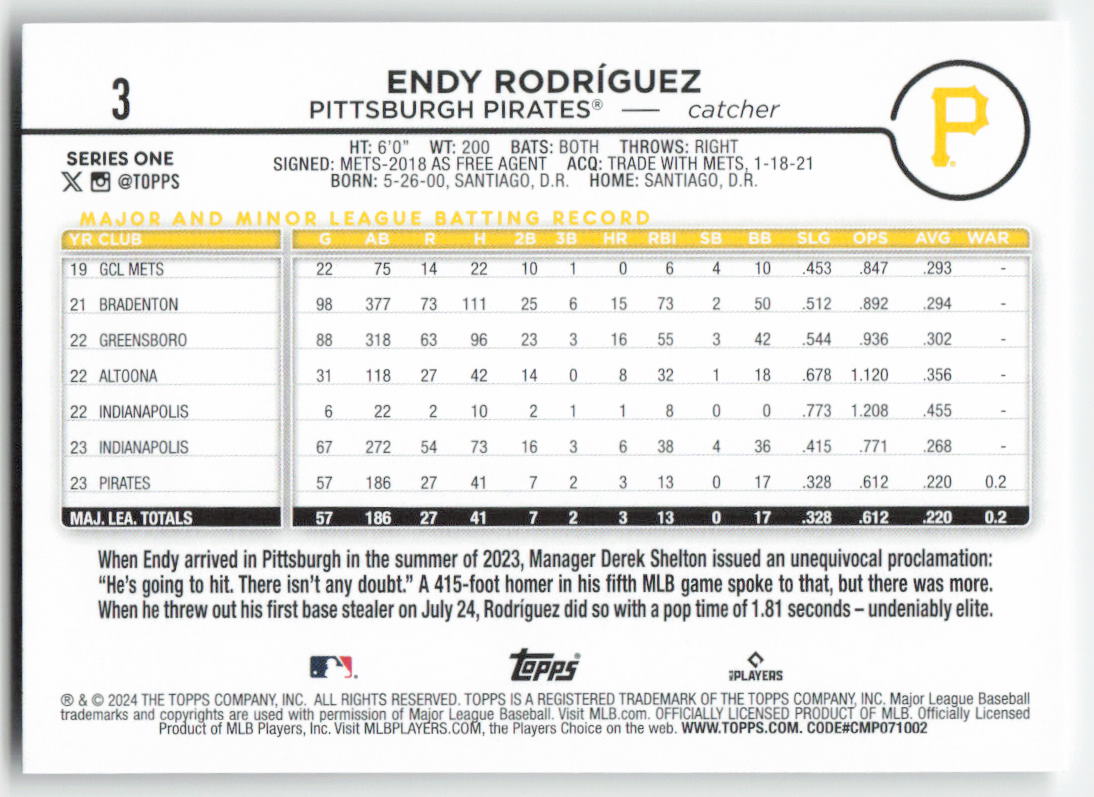 2024 Topps #3 Endy Rodríguez Pittsburgh Pirates Rookie 1469