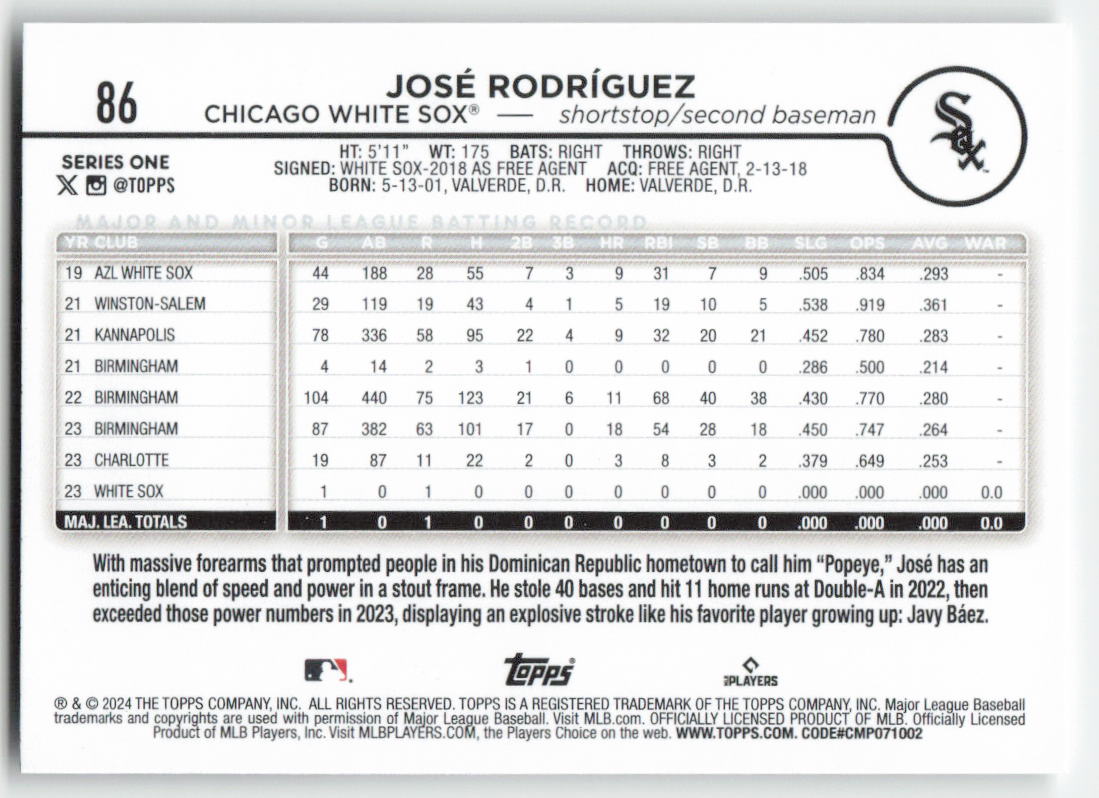 2024 Topps #86 José Rodríguez Chicago White Sox Rookie 1476