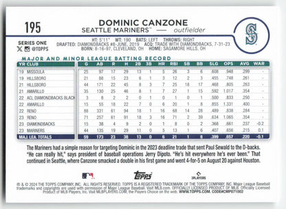 2024 Topps #195 Dominic Canzone Seattle Mariners Rookie 1483
