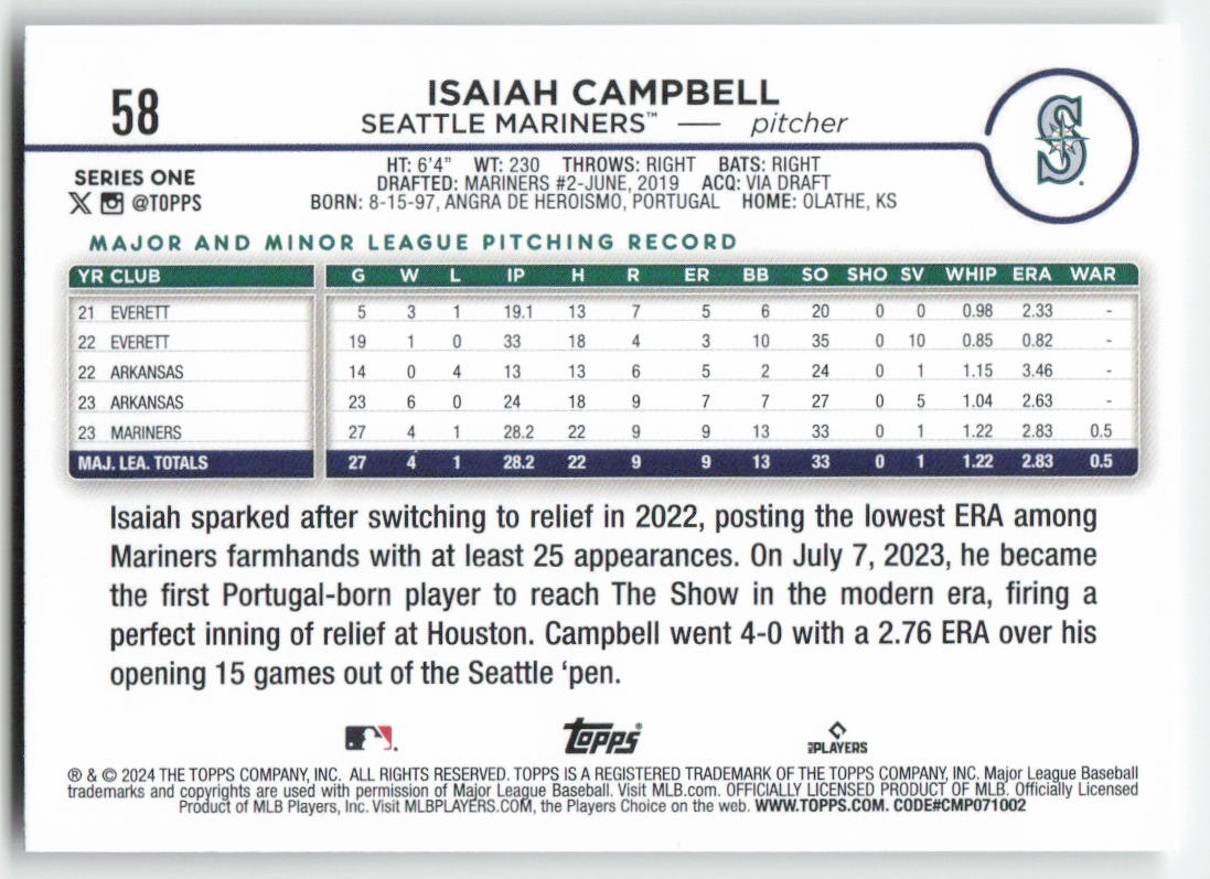 2024 Topps #58 Isaiah Campbell Seattle Mariners Rookie 1484