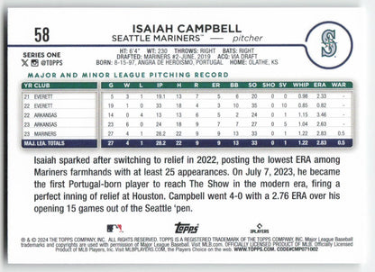 2024 Topps #58 Isaiah Campbell Seattle Mariners Rookie 1484