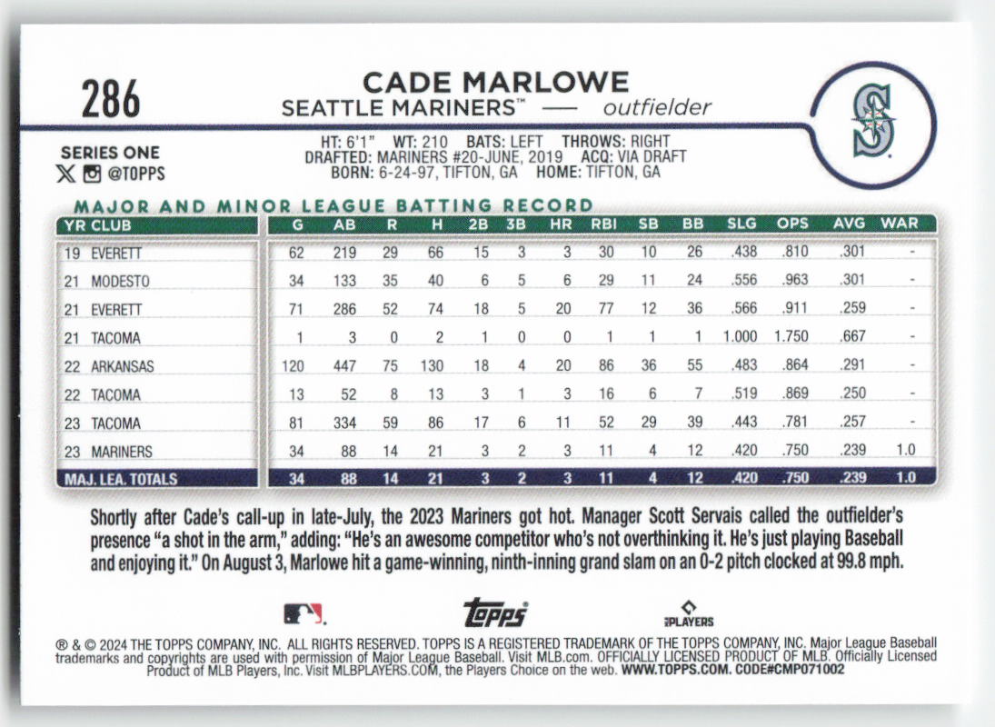 2024 Topps #286 Cade Marlowe Seattle Mariners Rookie 1485