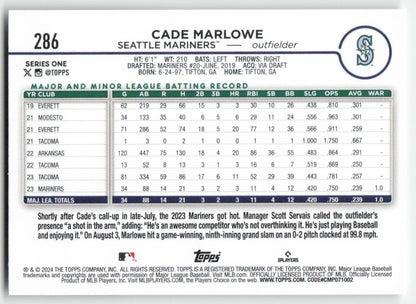 2024 Topps #286 Cade Marlowe Seattle Mariners Rookie 1485