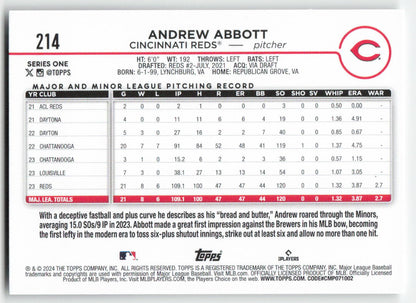 2024 Topps #214 Andrew Abbott Cincinnati Reds Rookie 1488