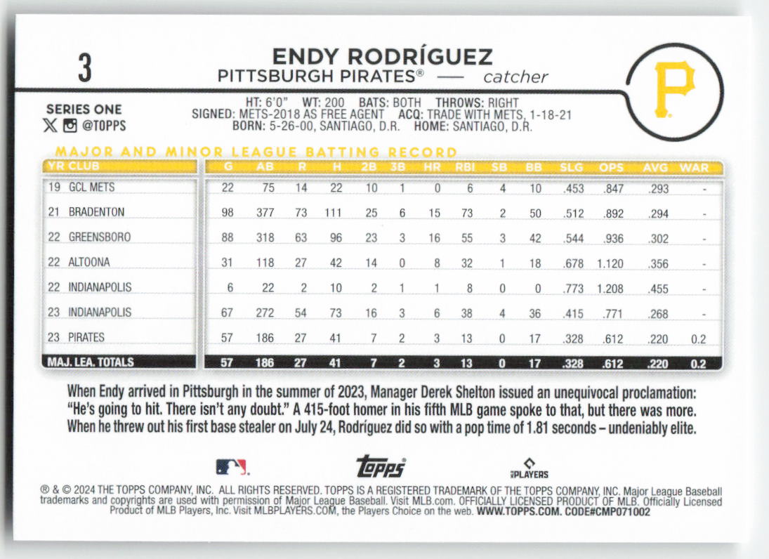 2024 Topps #3 Endy Rodríguez Pittsburgh Pirates Rookie 1490