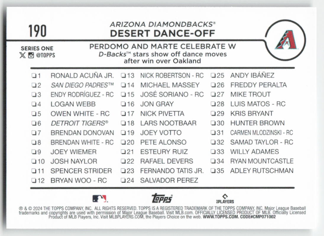 2024 Topps #190 Desert Dance-Off: Perdomo Marte Celebrate Diamondbacks 1493