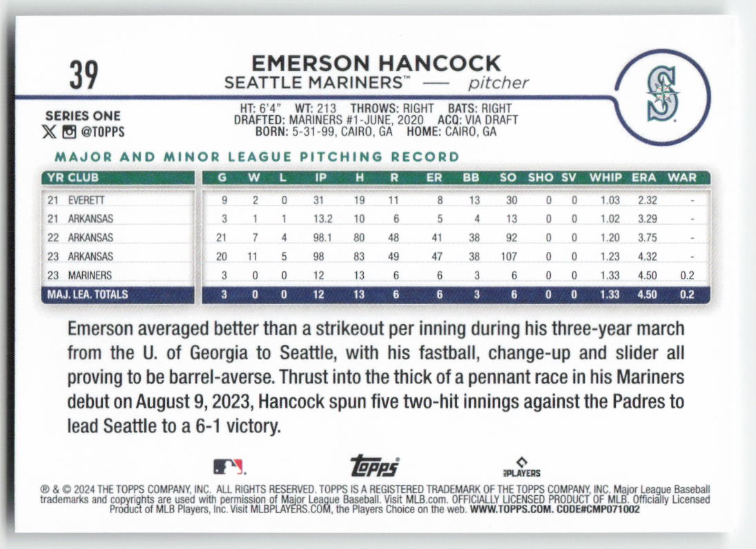 2024 Topps #39 Emerson Hancock Seattle Mariners Rookie 1495