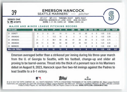 2024 Topps #39 Emerson Hancock Seattle Mariners Rookie 1495