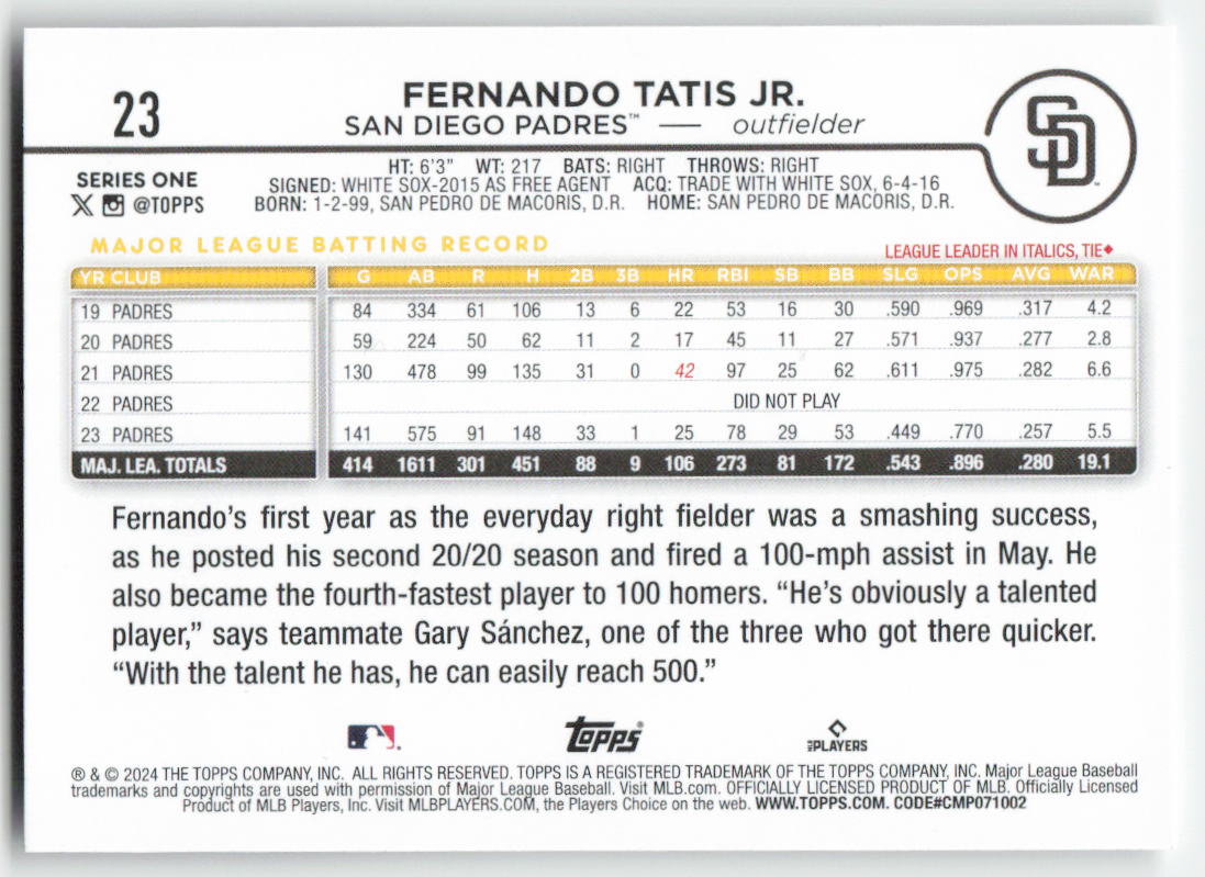 2024 Topps #23 Fernando Tatis Jr. San Diego Padres 1501