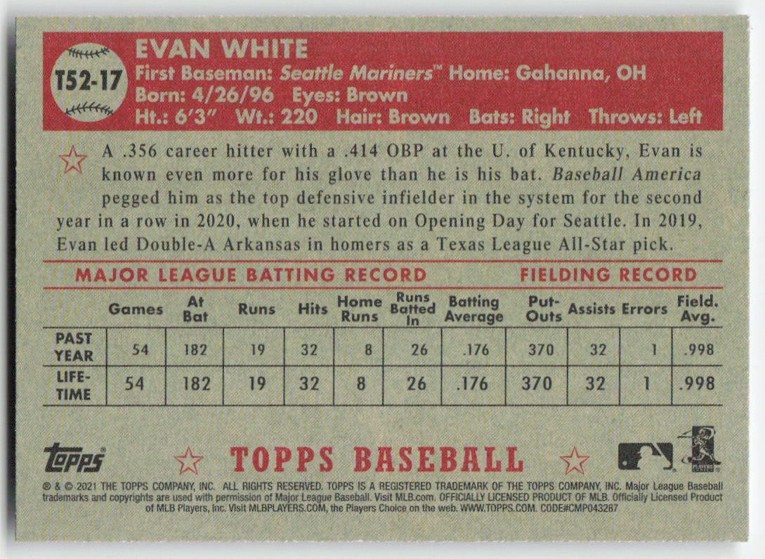 2021 Topps #T52-17 Evan White 1952 Topps Redux Seattle Mariners 1504