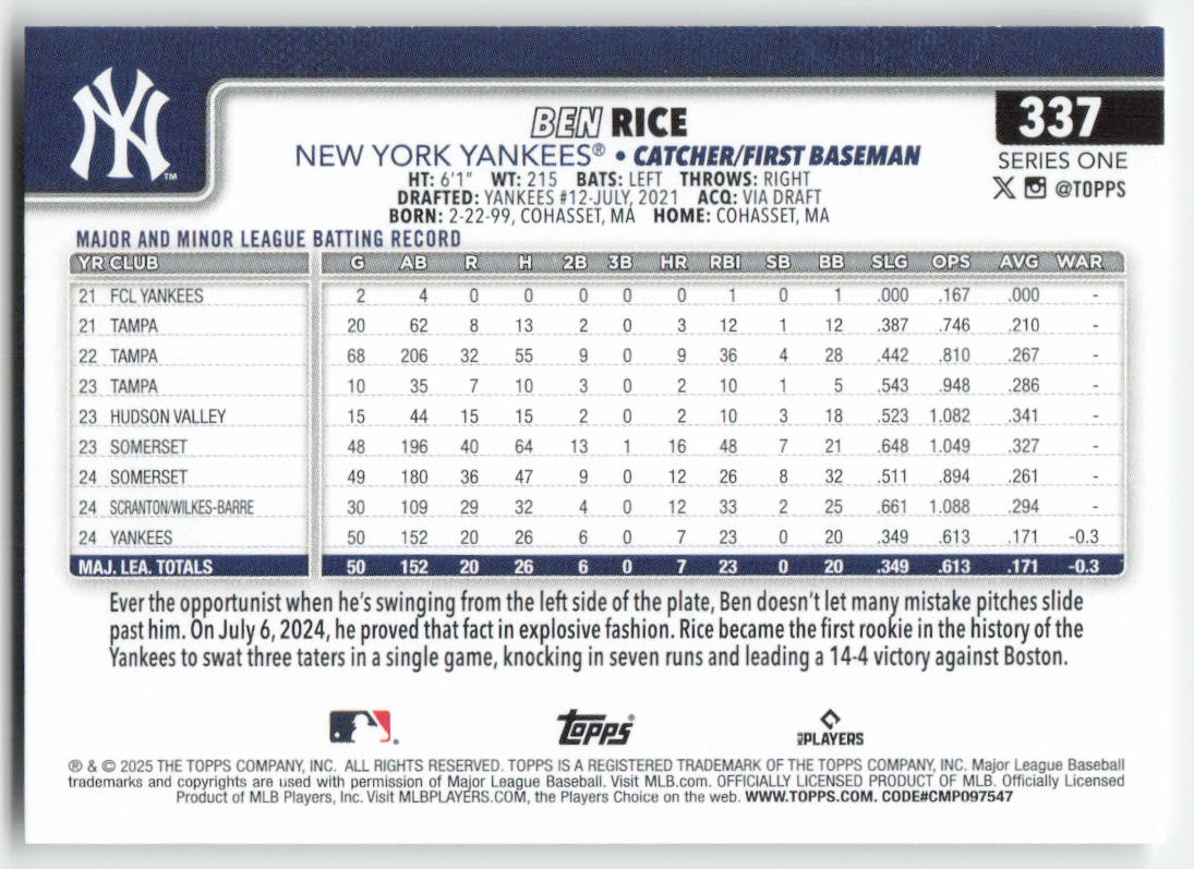 2025 Topps #337 Ben Rice New York Yankees Rookie 1505