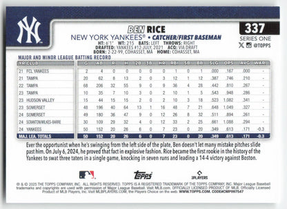 2025 Topps #337 Ben Rice New York Yankees Rookie 1505