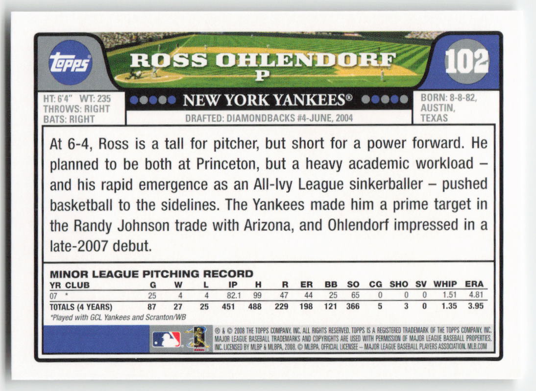 2008 Topps #102 Ross Ohlendorf New York Yankees Rookie 1517