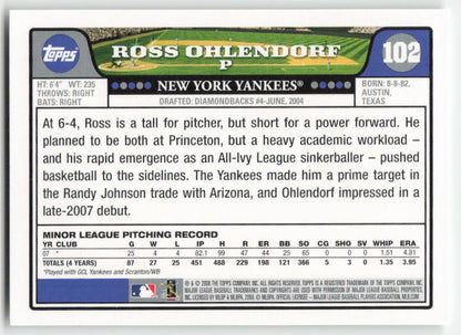 2008 Topps #102 Ross Ohlendorf New York Yankees Rookie 1517
