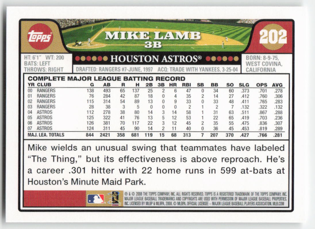 2008 Topps #202 Mike Lamb Houston Astros 1521