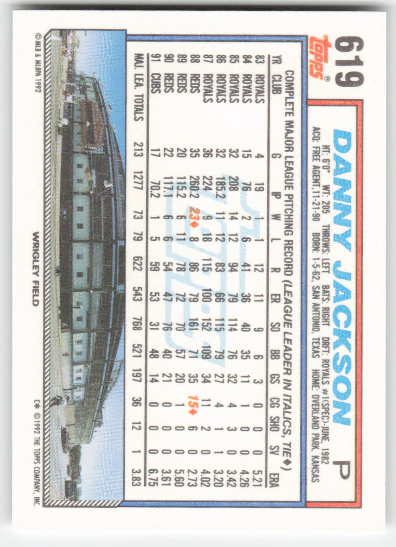 1992 Topps #619 Danny Jackson Chicago Cubs 1526