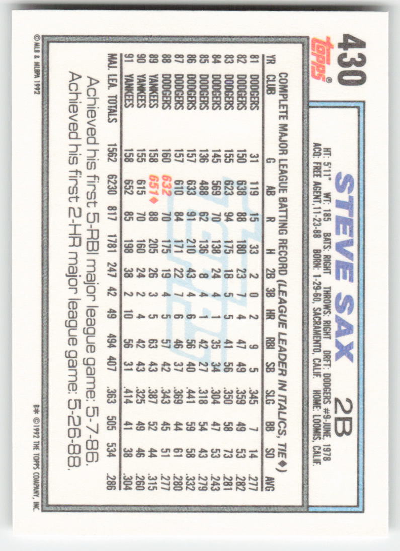 1992 Topps #430 Steve Sax New York Yankees 1528